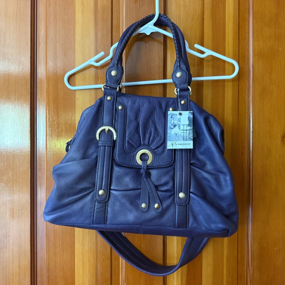 B. Makowsky Eden Satchel Women Large Grape Purple NEW Leather Crossbody Pockets